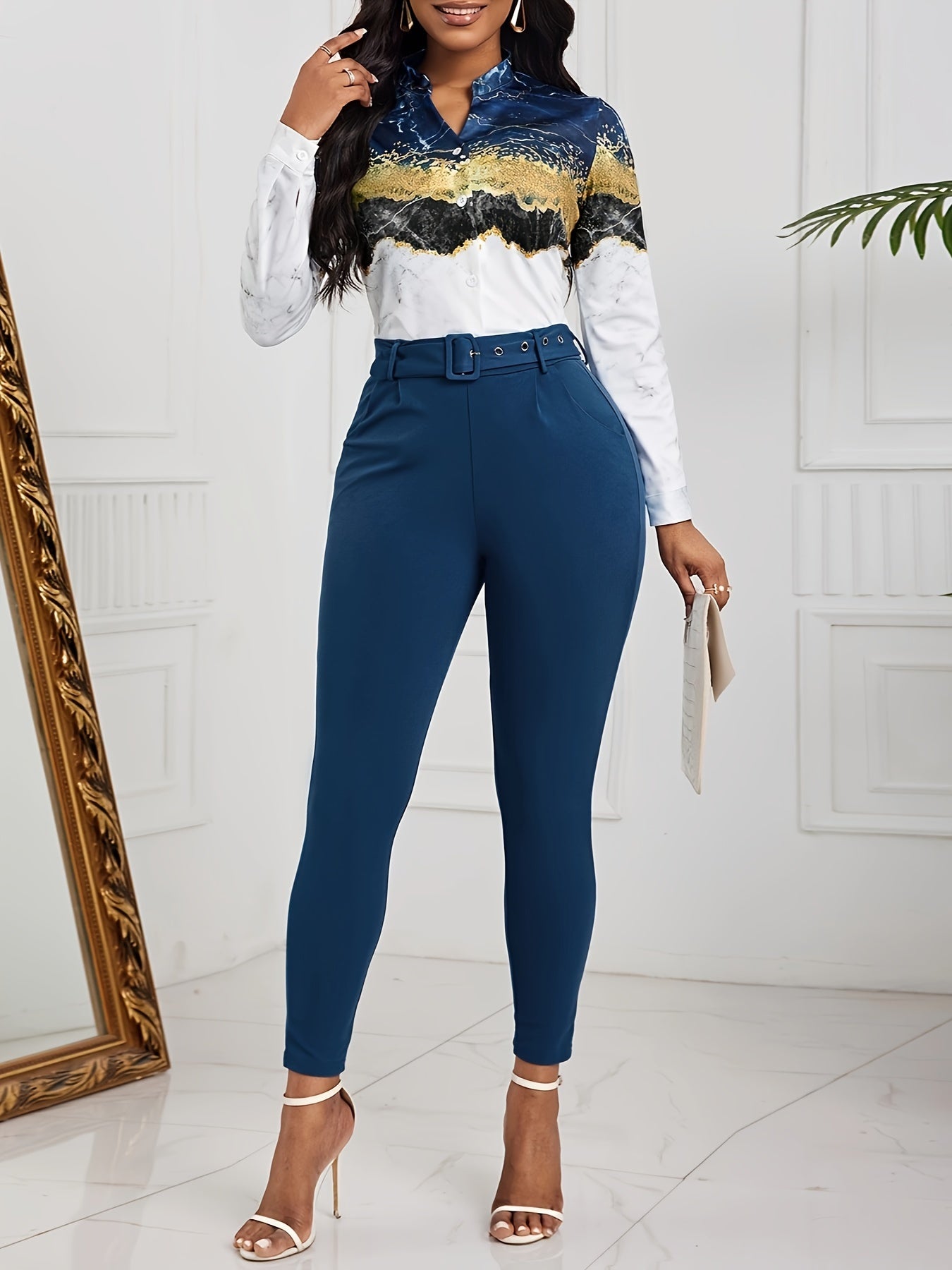 two-piece Women's Marble Print Casual Set with Button Front Shirt and Slim Pants - Stylish and Comfortable Outfit with Belt Included MyFave Boutique