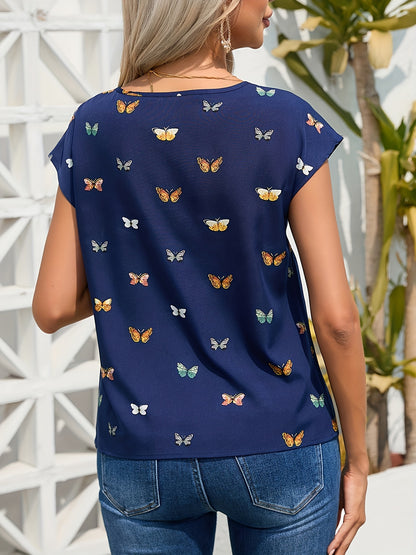 Butterfly Print Crew Neck Blouse, Casual Short Sleeve Blouse For Spring & Summer, Women's Clothing MyFave Boutique