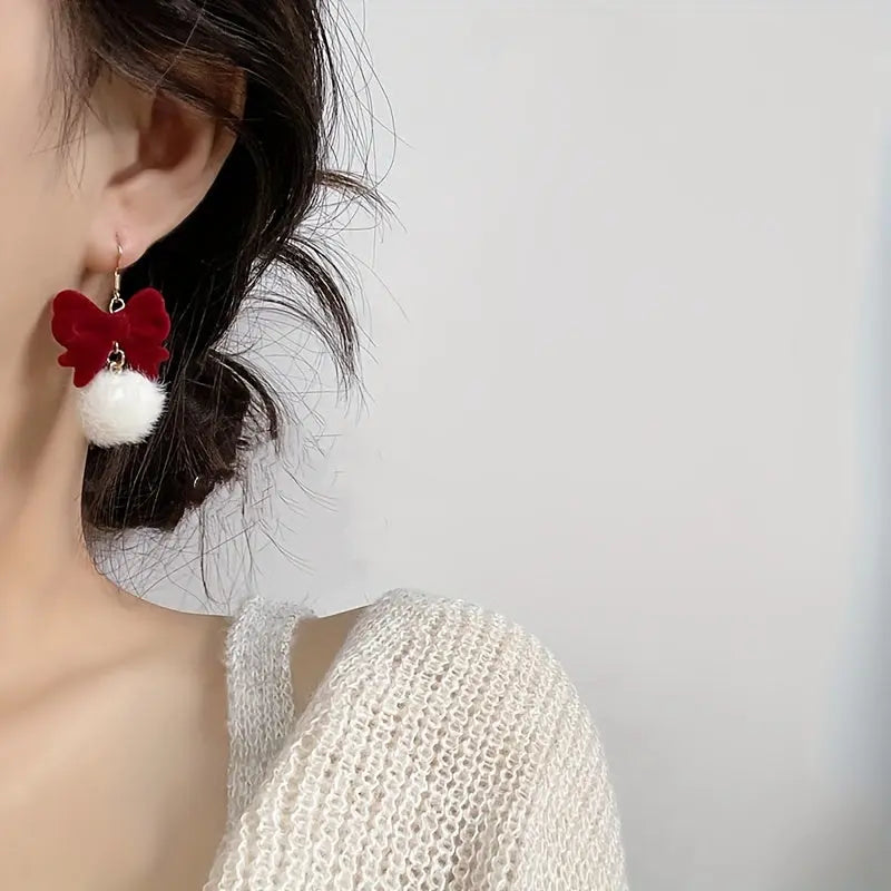 Red Flocking Bow White Furry Ball Design Dangle Earrings Cute Style Winter Female Earrings Christmas Gift MyFave Boutique