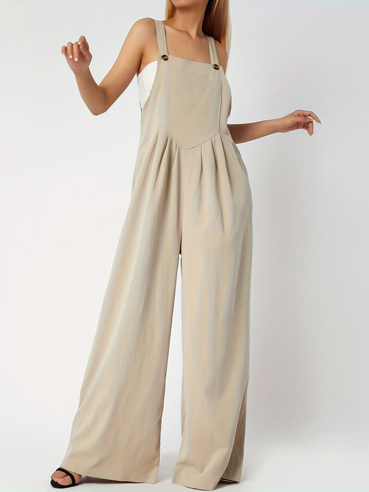 Solid Color Wide Leg Overall Jumpsuit, Casual Sleeveless Pleated Overall Jumpsuit With Pocket, Women's Clothing MyFave Boutique