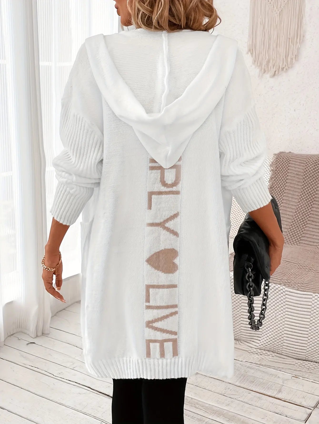 Letter Pattern Hooded Knit Cardigan, Casual Open Front Long Sleeve Sweater, Women's Clothing MyFave Boutique