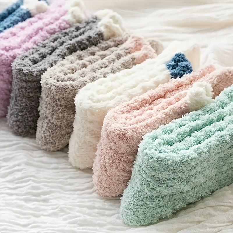 7 Pairs Plush Coral Fleece Sleep Socks - Winter Thick Warm Fluffy Slippers Socks, Color Block Knit Fabric, 95% Polyester 5% Spandex, Hand Washable MyFave Boutique