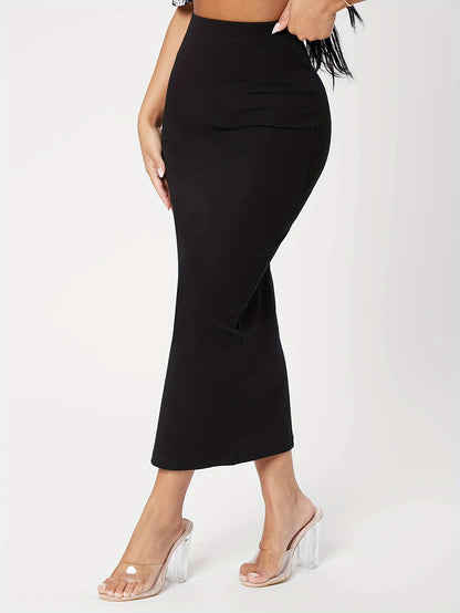 Women's Elegant Midi Pencil Skirt, Solid Color, Polyester, No Belt, Slim Fit, Knit Fabric, Middle East Collection, Spring/Summer/Autumn Season MyFave Boutique