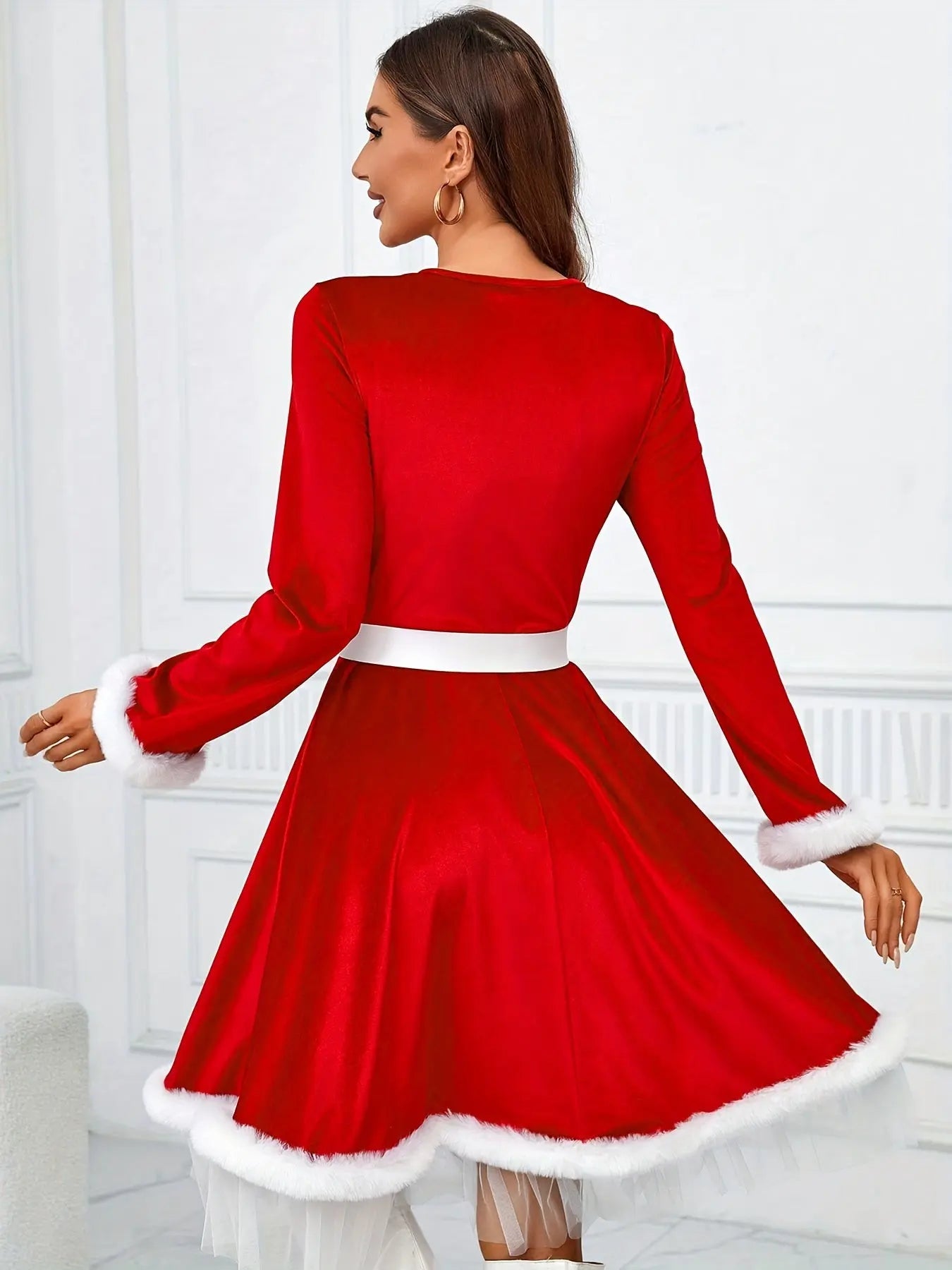 1pc Festive Christmas Dress for Women, Polyester Red Santa Costume with Faux Fur Trim and Belt Detail, Casual Round Neck Long Sleeve Holiday Party Outfit MyFave Boutique