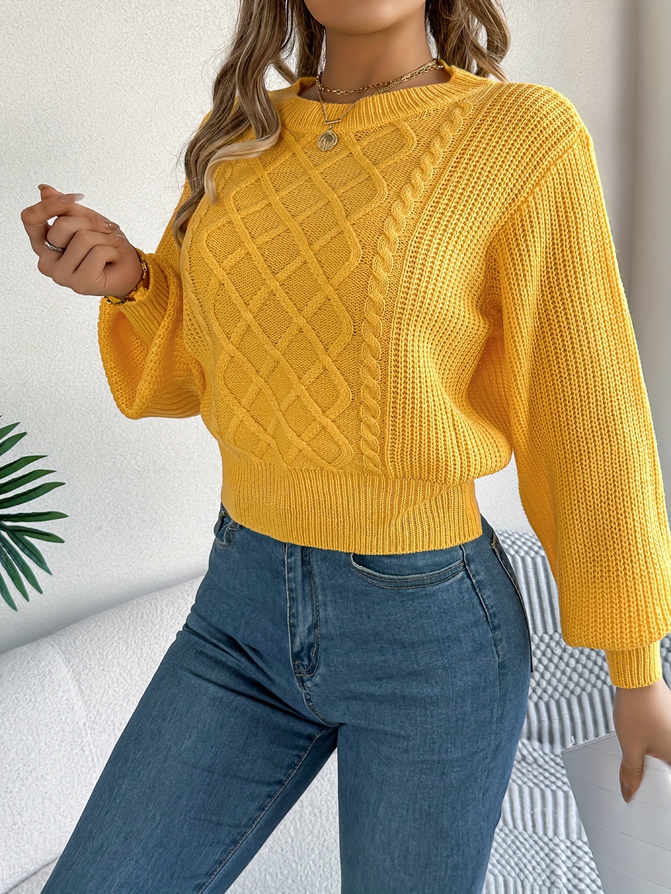 Elegant Solid Color Cable Knit Sweater for Women - Cozy Acrylic, Long Sleeve, Round Neck Pullover for Fall/Winter MyFave Boutique