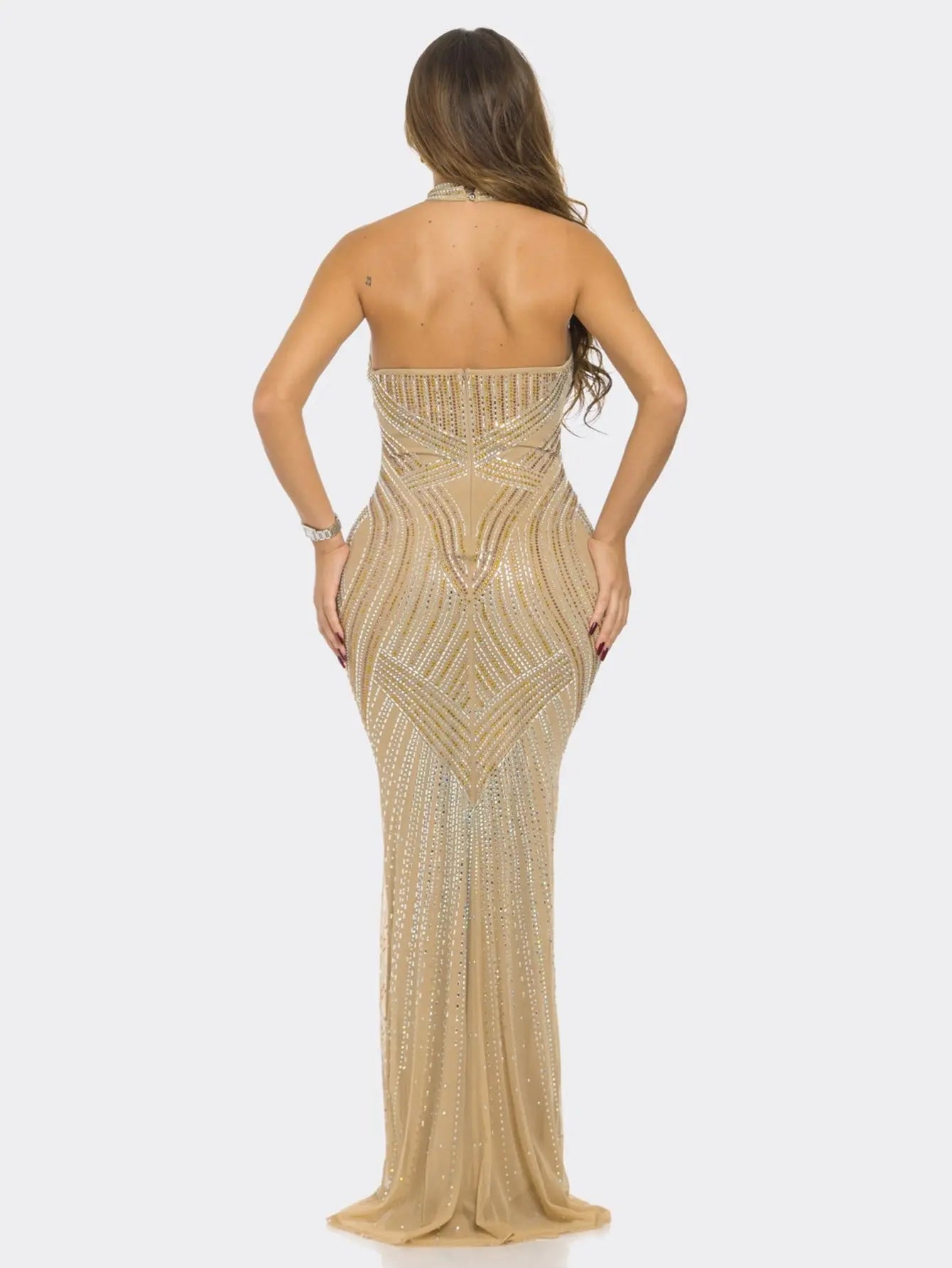 Women's Rhinestone Crystal Mesh Patchwork Sheer Bodycon Dress - Backless, Sleeveless, Long Dress for Nightclubs and Birthday Parties MyFave Boutique