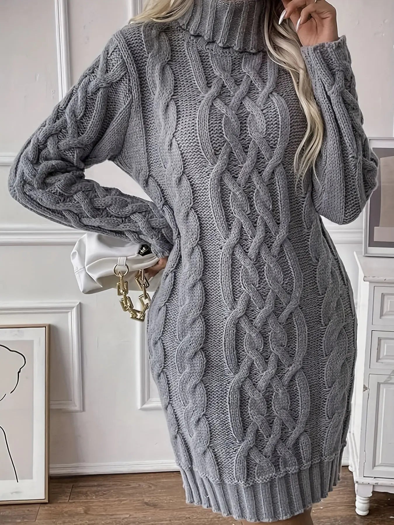 Casual Acrylic High Neck Cable Knit Sweater Dress - Drop Shoulder Long Sleeve Ribbed Midi Loose Fit All-Season Knit Fabric Dress with Solid Pattern MyFave Boutique