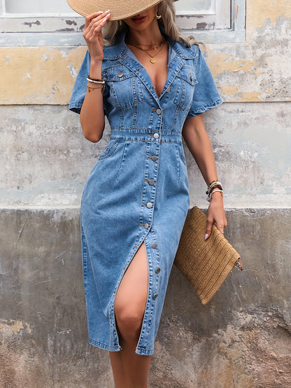 Women's Casual Plain Short Sleeve Mid-Length Denim Dress With Button Front And Elegant Silhouette MyFave Boutique