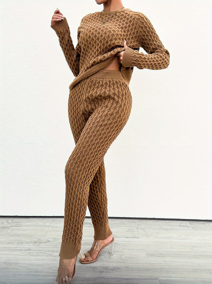 Textured Solid Two-piece Set, Crew Neck Long Sleeve Tops & Long Length Pants Outfits, Women's Clothing MyFave Boutique