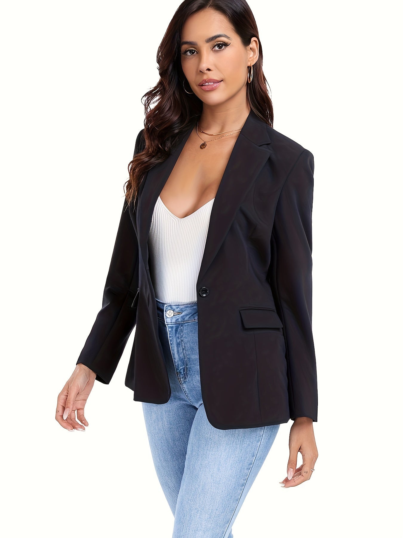 Stylish Single Button Lapel Neck Blazer With Pocket - Perfect for Office Work, Elegant Long Sleeve Women's Clothing MyFave Boutique