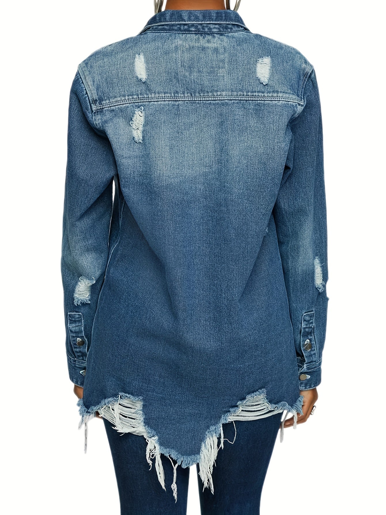 Women's Casual Distressed Denim Jacket, Slim Fit Long Sleeve Jean With Frayed Hem – Stylish Chic Outerwear MyFave Boutique