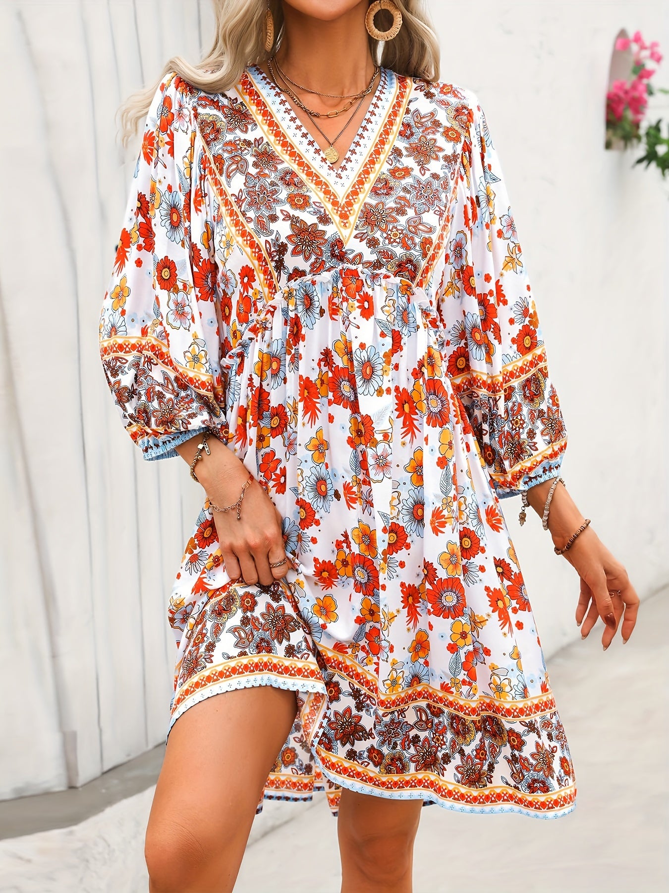 Floral Print V Neck A-line Dress, Casual Long Sleeve Dress For Spring & Fall, Women's Clothing MyFave Boutique