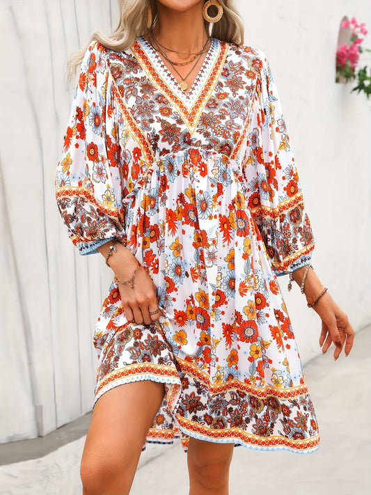 Floral Print V Neck A-line Dress, Casual Long Sleeve Dress For Spring & Fall, Women's Clothing MyFave Boutique