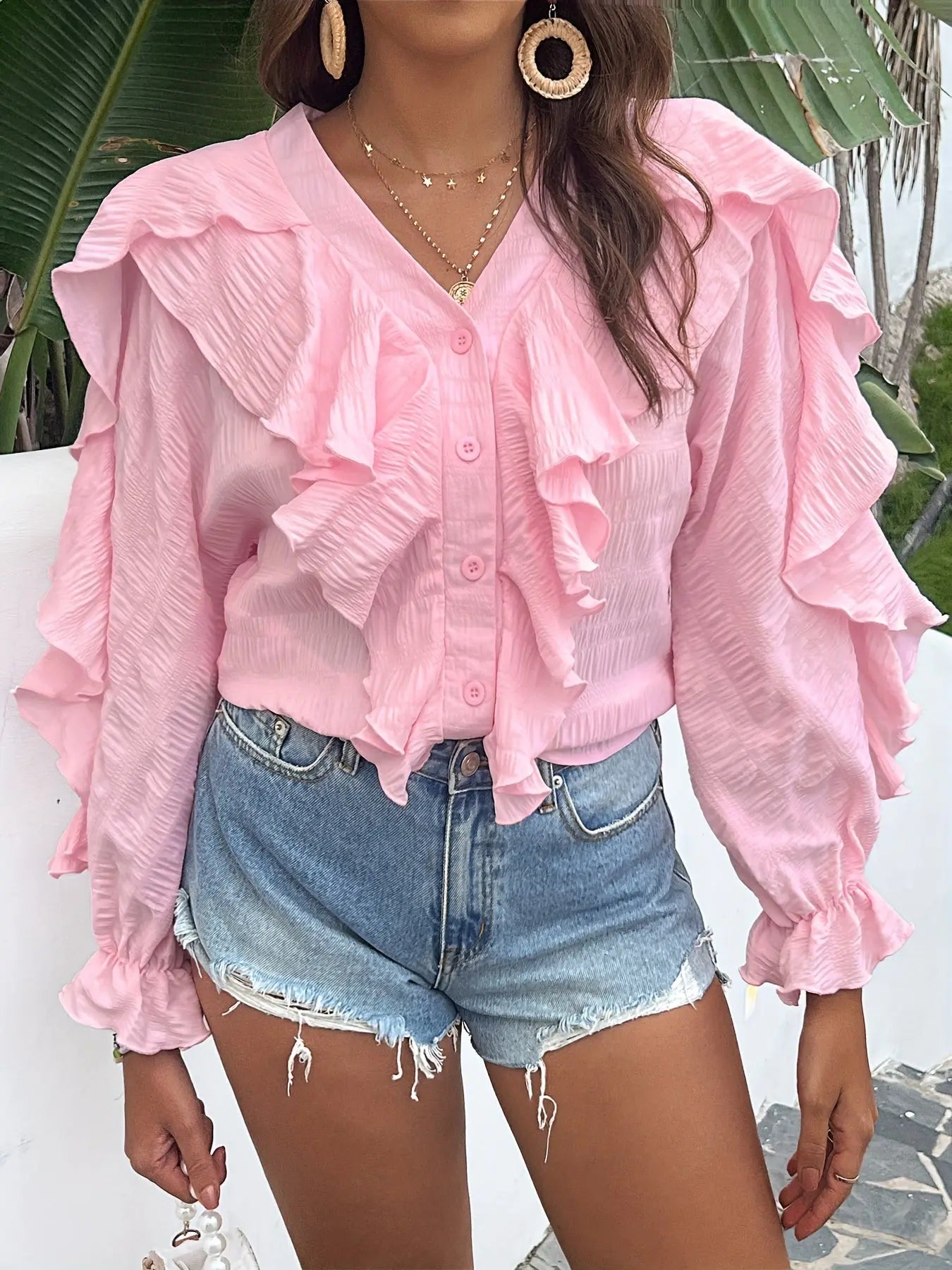 Ruffle Trim Button Front Blouse, Casual Long Flounce Sleeve Textured Blouse For Spring & Fall, Women's Clothing MyFave Boutique