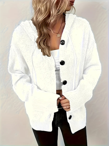 Solid Color Knit Drawstring Hooded Cardigan, Casual Button Front Cardigan Long-sleeved Jacket, Women's MyFave Boutique