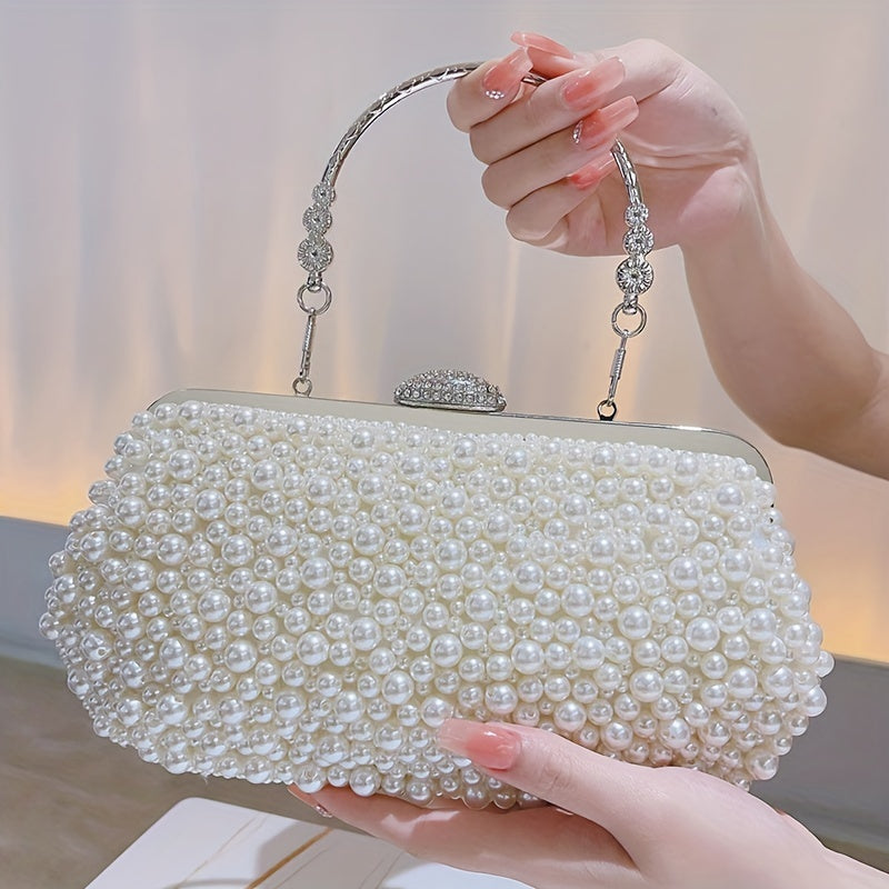 Elegant Faux Pearl Clutch Bag with Metal Chain and Floral Handle for Events, Parties, and Weddings MyFave Boutique