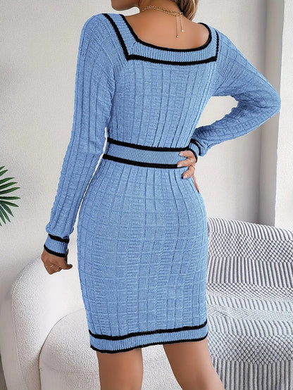 Elegant Striped Knit Bodycon Dress with Button Detail - Square Neck, Long Sleeve, Perfect for Fall & Winter - Women's Fashion MyFave Boutique