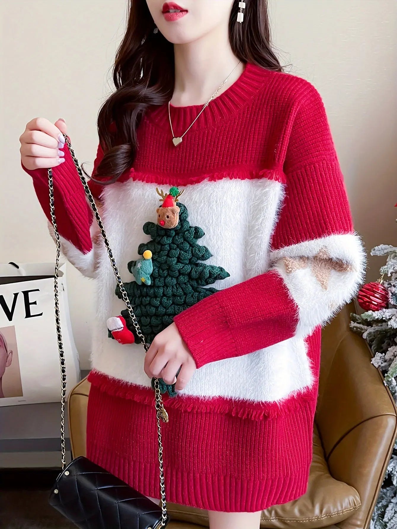 Christmas Tree Decor Crew Neck Sweater, Casual Long Sleeve Sweater For Fall & Winter, Women's Clothing MyFave Boutique