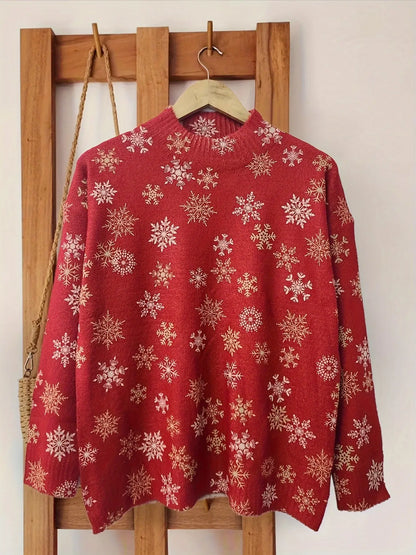 Snowflake Print Crew Neck Sweater, Casual Long Sleeve Sweater For Fall & Winter, Women's Clothing MyFave Boutique