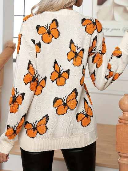 Butterfly Pattern Crew Neck Pullover Sweater, Casual Long Sleeve Drop Shoulder Sweater, Women's Clothing MyFave Boutique