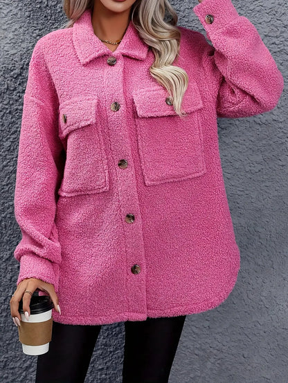 Solid Color Button Front Sherpa Jacket, Casual Long Sleeve Flap Pockets Coat For Winter & Fall, Women's Clothing MyFave Boutique