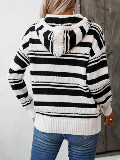 Stripe Pattern Drawstring Hoodie Sweater, Casual Long Sleeve Textured Sweater For Fall & Winter, Women's Clothing MyFave Boutique