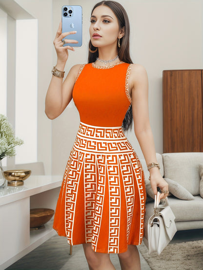 Geo Print Crew Neck Tank Dress, Elegant Sleeveless A-Line Dress For Summer & Spring, Women's Clothing MyFave Boutique