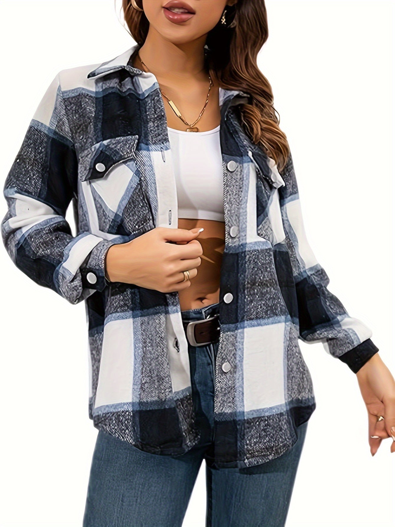 Plaid Print Flap Pockets Jacket, Casual Single Breasted Drop Shoulder Loose Outwear, Women's Clothing MyFave Boutique