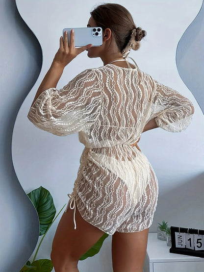 Three-Piece Mesh Long Sleeve Cover-Up Swimsuit Set - Waist-Cinching, Lace, Sun Protection, Solid Color, Beach, Hot Springs, Pool, and Water Park Essential - Perfect for Summer Vacation and Outdoor Activities MyFave Boutique