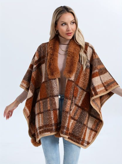 Plaid Pattern Batwing Sleeve Gathered Cape, Elegant Open Front Fuzzy Trim Pom Hem Cardigan For Fall & Winter, Women's Clothing MyFave Boutique