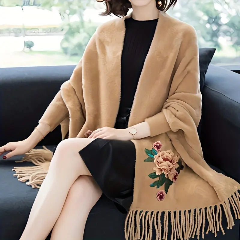 Faux Fur Embroidered Shawl Cheongsam Outer TasselCloak Scarf Elegant Female Thick Shawl Autumn Winter Scarf With Send A Brooch MyFave Boutique