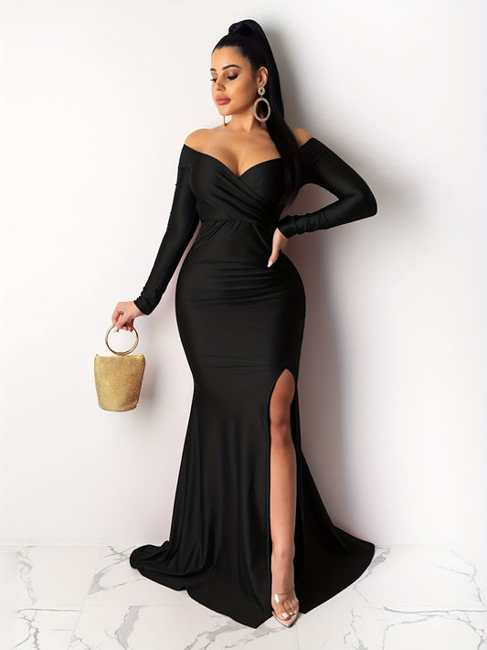 Women Off Shoulder V-Neck Maxi Long Dress Ruched Split Bodycon Mermaid Evening Cocktail Formal Dresses MyFave Boutique