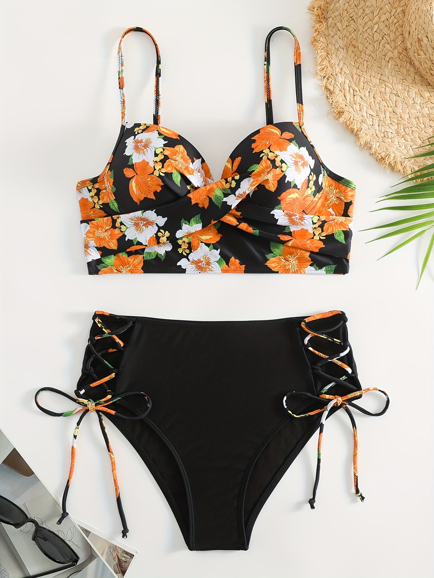 2 piece Women's Floral Print Lace Up Bikini Set - High Waisted, Underwire, Tie Side Swimsuit MyFave Boutique