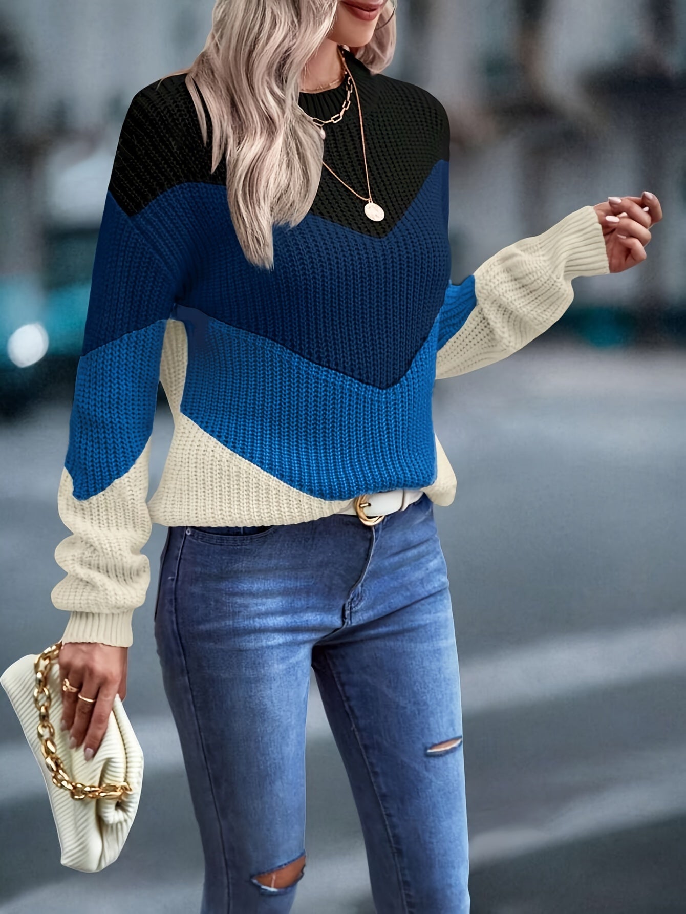 Women's Color Block Long Sleeve Crew Neck Sweater for Fall & Winter MyFave Boutique