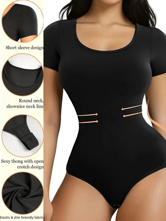 1pc Women's Bodycon Sexy Ribbed Square Neck Short Sleeve Shapewear Bodysuit - Comfortable And Soft Tummy Control - Smooth Everyday Wear And Underwear Support MyFave Boutique