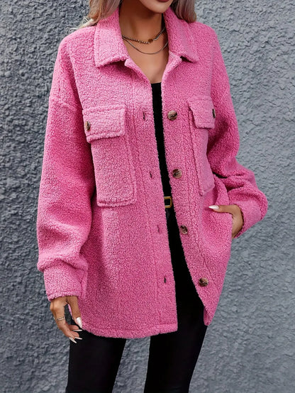 Solid Color Button Front Sherpa Jacket, Casual Long Sleeve Flap Pockets Coat For Winter & Fall, Women's Clothing MyFave Boutique