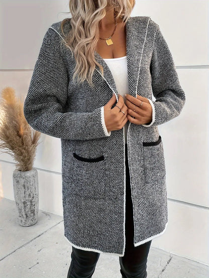 Elegant Hooded Knit Cardigan for Women, Viscose 100%, Long Length, Long Sleeve, Solid Color with Fake Pockets, Fall/Winter Collection MyFave Boutique