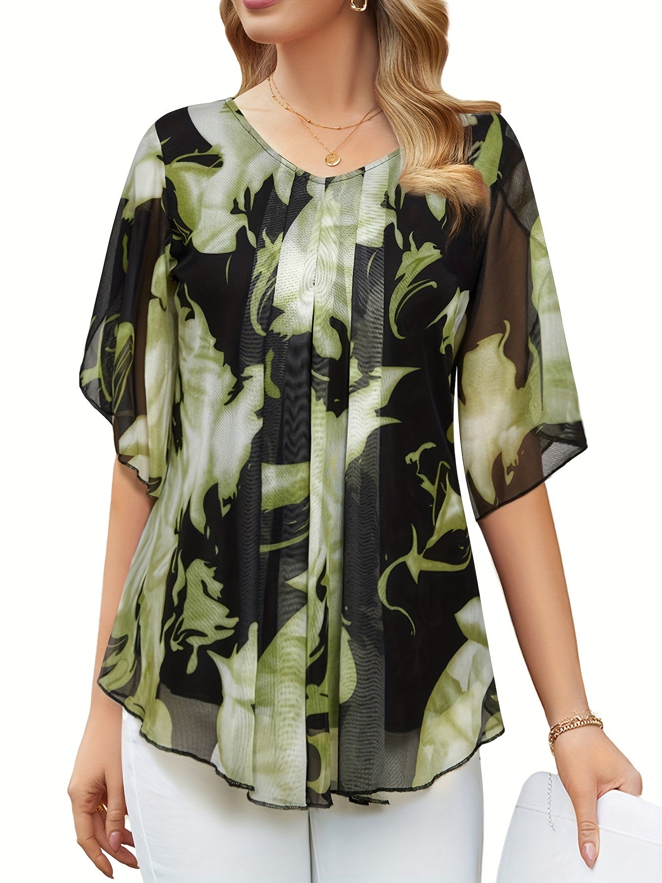 Random Print V Neck Pleated Blouse, Elegant Half Sleeve Loose Daily Wear Blouse, Women's Clothing MyFave Boutique