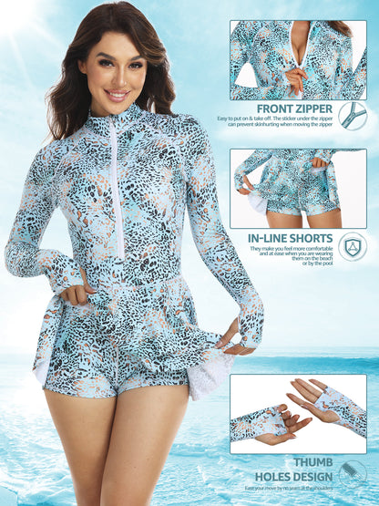 Stylish Long Sleeve Rash Guard for Women, Blue Ocean Leopard Full over Print Women's One Piece Swimsuits with Front Zipper Surfing Bathing Swimwear MyFave Boutique