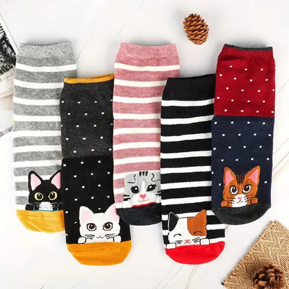 5 Pairs Cartoon Cat Print Socks, Comfy & Cute Mid Tube Socks, Women's Stockings & Hosiery MyFave Boutique