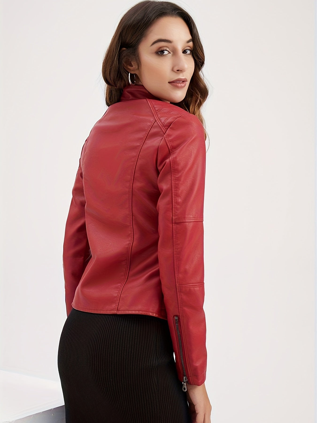 Faux Leather Zip Up Moto Jacket, Stylish Stand Collar Long Sleeve Jacket With Pocket, Women's Clothing MyFave Boutique