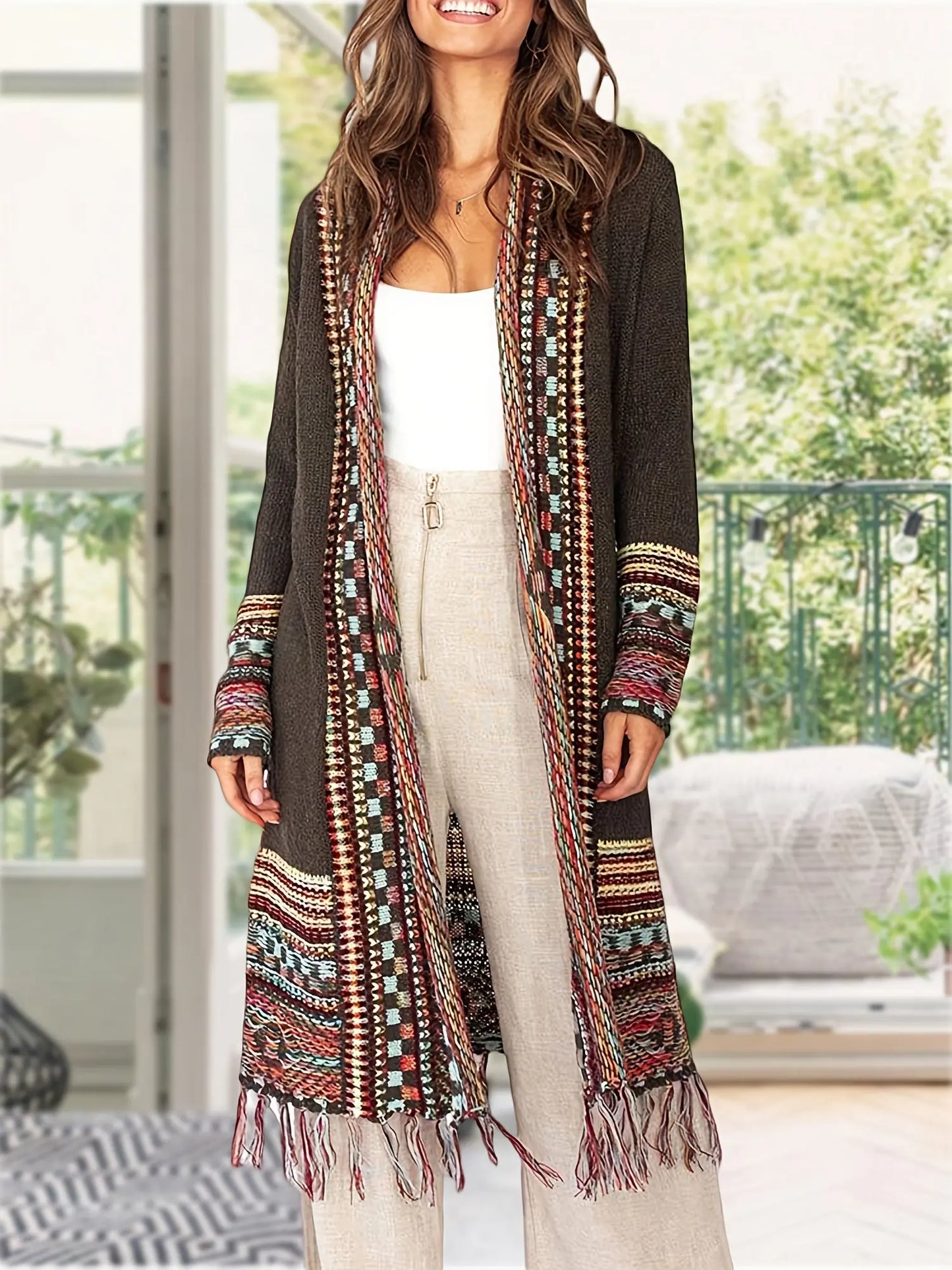 Women's Striped Pattern Fringe Hem Cardigan - Elegant Open Front Long Sleeve Cardigan for Spring & Fall MyFave Boutique