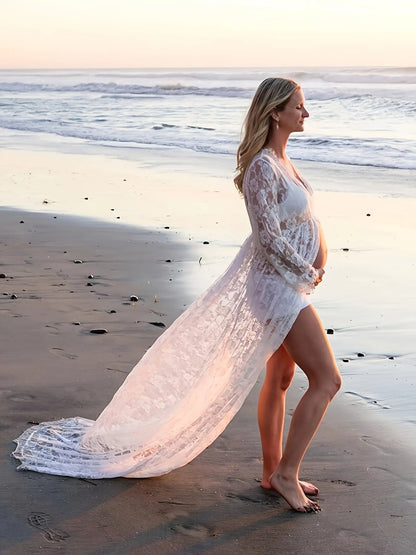 Sexy Sheer Lace Maternity Dress - V-Neck With Long Sleeves & Oversized Hem For Pregnant Women MyFave Boutique