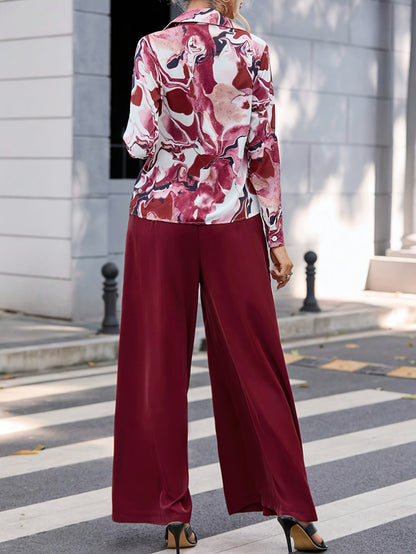 Elegant Two-piece Set, Allover Print Button Front Shirt & Wide Leg Slant Pockets Pants Outfits, Women's Clothing MyFave Boutique