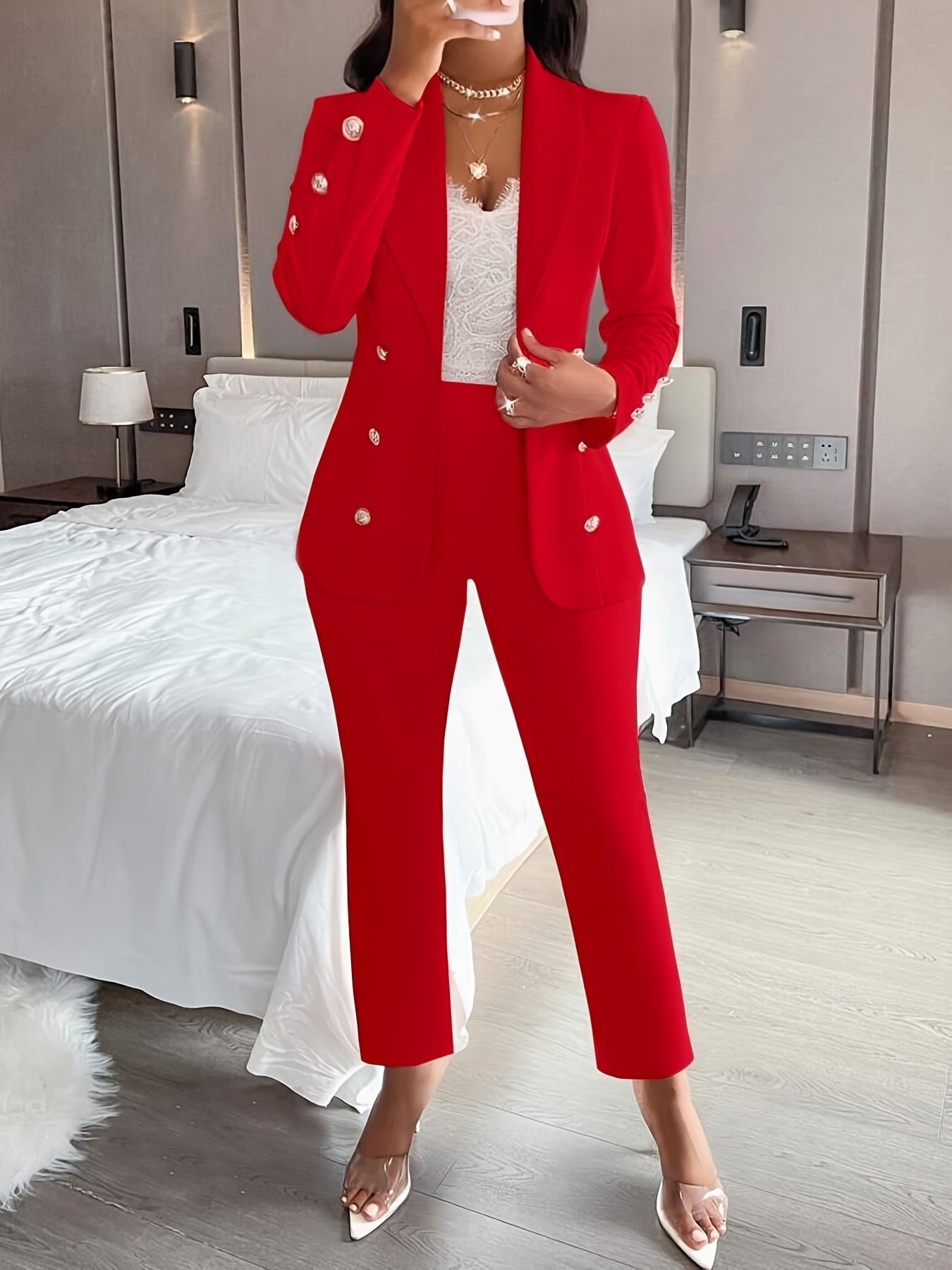 Elegant Solid Two Piece Set, Double-Breasted Slim-Fit Lapel Neck Blazer & Pants Outfits For Office & Work, Women's Clothing MyFave Boutique