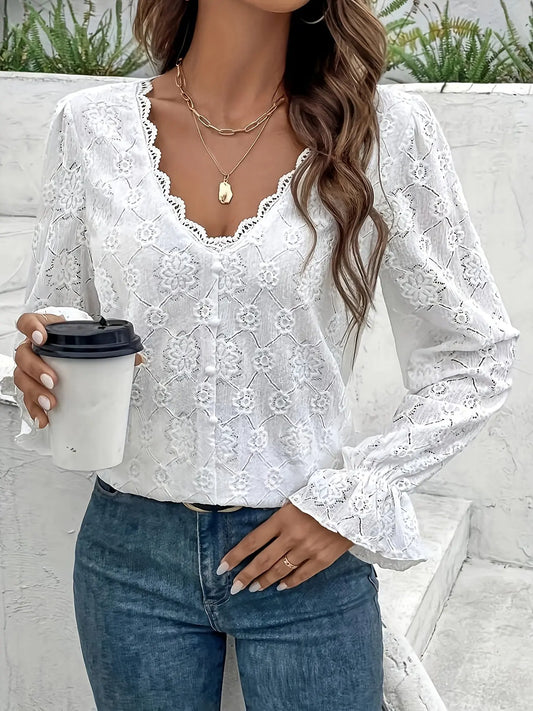 Floral Lace Single Breasted V-neck Blouse, Elegant Long Sleeve Loose Blouse For Spring & Fall, Women's Clothing MyFave Boutique