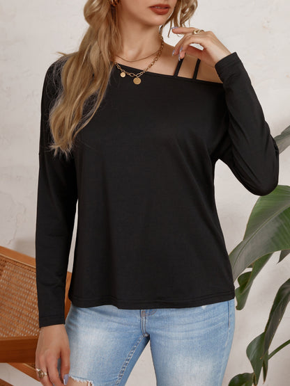 Cold Shoulder Asymmetrical Neck T-shirt, YOUNG Long Sleeve Top For Spring & Fall, Women's Clothing MyFave Boutique