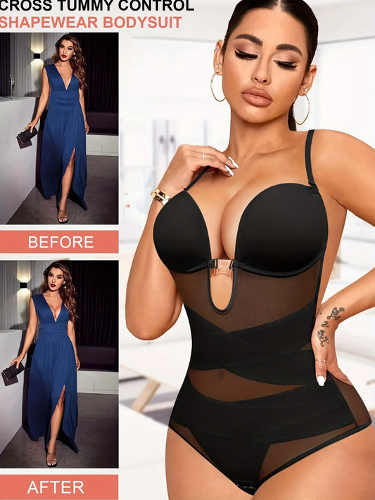 Mesh Shaping Bodysuit with Tummy Control, Plunging Thong Body Shaper for Women's Underwear & Shapewear MyFave Boutique