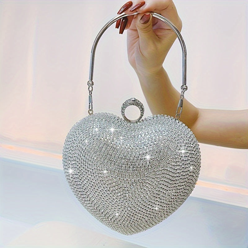 Sparkling Rhinestone Heart Evening Bag, Elegant Shiny Dinner Clutch Purse MyFave Boutique