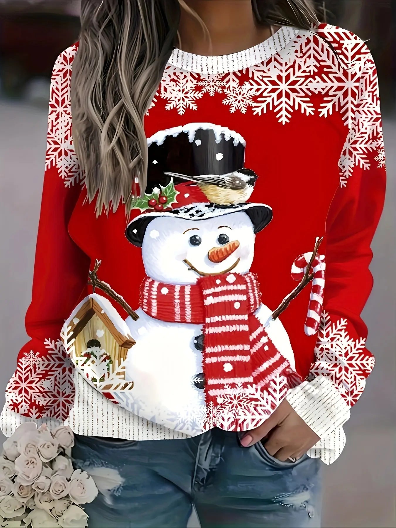 Women's Long Sleeve Christmas Sweater, Cute Snowman Print, Polyester Knit, Round Neck, Regular Length, Fashion T-Shirt for Fall/Winter MyFave Boutique